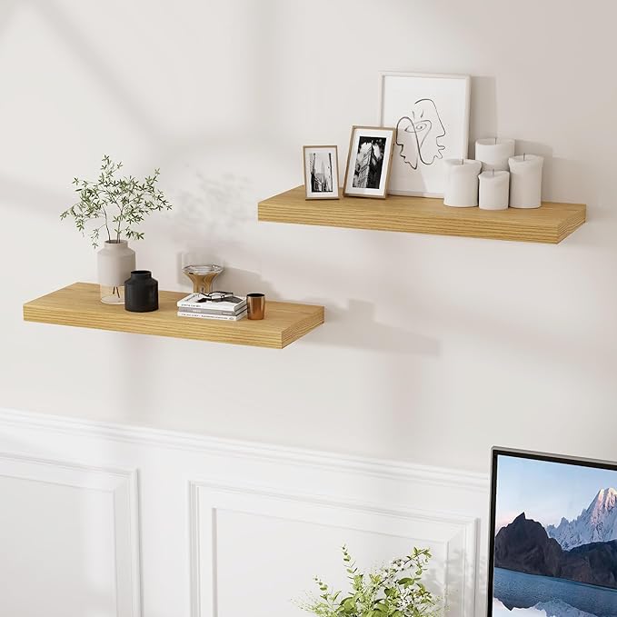 Fun Memories 24 Inch Floating Shelves for Wall, 9.3 Deep Wall Shelves for Home Decor & Storage, 24x9.3x1.5 Large Wooden Shelf with Heavy-Duty Bracket, Deep Shelf for Kitchen, Living Room, Oak Color