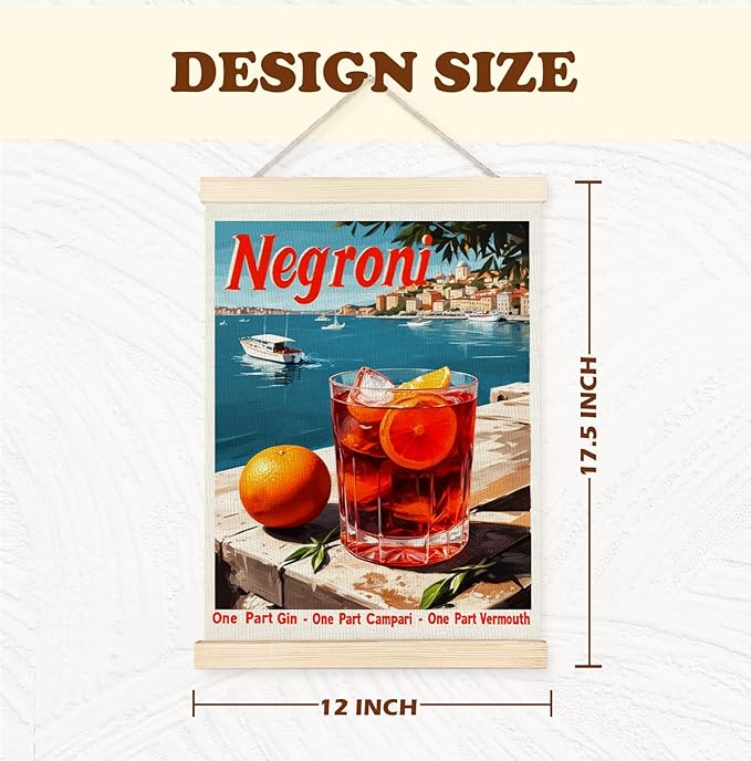 Yomisex Classic Negroni Cocktail Wall Art Poster, Vintage Italian Orange Alcohol Mediterranean Coastal Seaside Canvas Prints Wall Art Framed for Bar Pub Restaurant Decor, 12x16 Inch