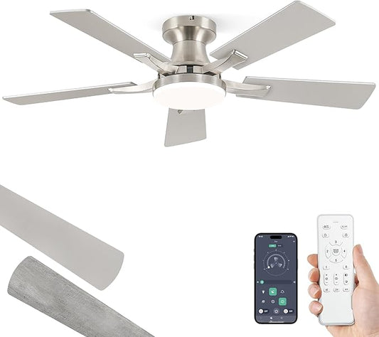 ZMISHIBO 42 Inch Ceiling Fan with Light, App&Remote Control, Flush Mount Low Profile, Dimmable 20W LED Light, Quiet Reversible Motor for Bedroom, Living Room, Apartment, Nickel