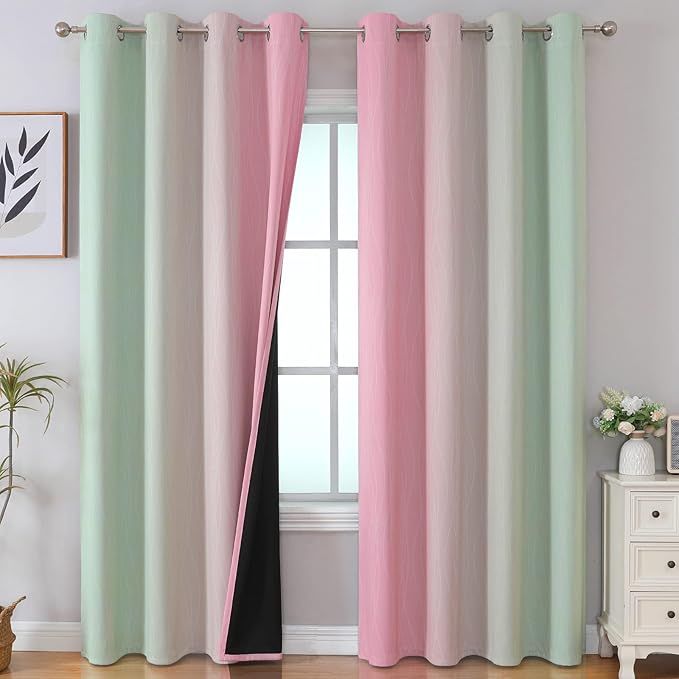 Estelar Textiler Sage Green and Pink Blackout Curtains 84 Inches Long for Living Room, Thermal Insulated Ombre Full Light Blocking Grommet Blackout Drapes for Bedroom, 52Wx84L, 2 Panels