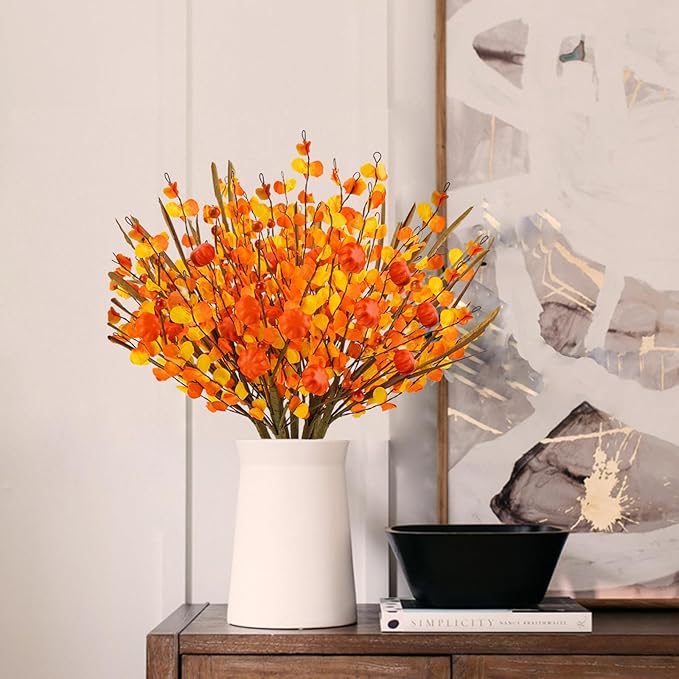 Krissing 6 Pcs Fall Floral Stems,17.3”Fall Berry Stems with Pumpkins Autumn Berry Floral Picks Branches for Vase Autumn Arrangement Centerpieces Harvest Thanksgiving Home Fall Decor