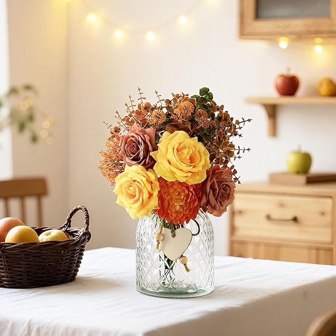 Artificial Fall Flowers in Vase, Yellow Silk Rose with Eucalyptus, Faux Plant Floral Centerpiece for Home Office Dining Table Decor, Fake Hanksgiving Wedding Living Room Farmhouse Autumn Decorations
