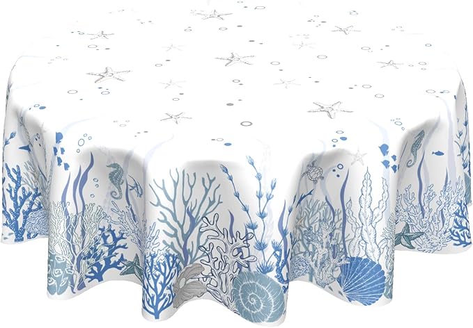 Summer Coastal Table Cloth Round 60 Inch Blue Ocean Coral Tablecloth Round Nautical Coastal Round Table Cloths Farmhouse Beach Theme Wallpaper Decoration for Home Kitchen Dining Room Party Picnic