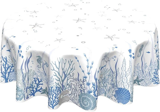 Summer Coastal Table Cloth Round 60 Inch Blue Ocean Coral Tablecloth Round Nautical Coastal Round Table Cloths Farmhouse Beach Theme Wallpaper Decoration for Home Kitchen Dining Room Party Picnic
