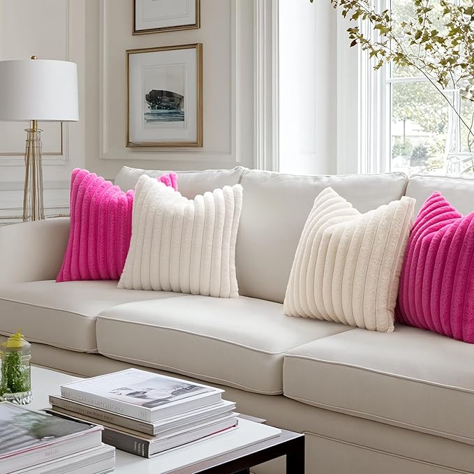 MIULEE Faux Fur Large Decorative Throw Pillow Covers 24x24 Inch Set of 2, Retro Vintage Boho Home Decor Soft Plush Couch Pillows Cozy Fluffy Cushion Covers for Sofa Bed Hot Pink