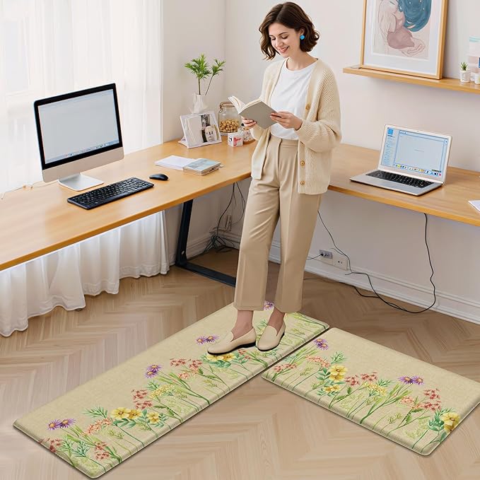 Kitchen Mats for Floor, 2-Piece Anti-Fatigue Waterproof Kitchen Rugs for Apartment Decor, Easy-Clean Standing Mat with Non-Slip Back for Home, Office, Laundry (17.3"×47" +17.3"×30")