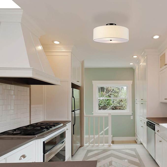 GLOBE Electric 60315 2-Light Flush Mount Ceiling Light, Dark Bronze Finish, White Linen Shade, Low Profile Drum Design, E26 Base, Dimmable