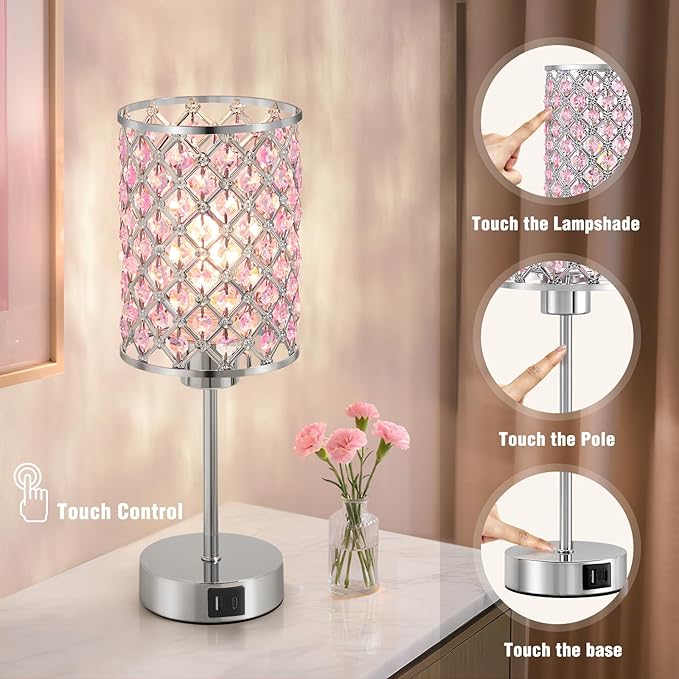 Pink Crystal Table Lamp, Touch Control Bedside Lamps with USB-C+A Charging Ports, 3-Way Dimmable Nightstand Small Desk Lamp Set of 2 for Girl Bedroom, Living Room, Office(Buld Included)