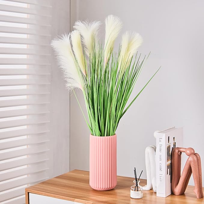 Pink Ceramic Flower Vase for Pampas Grass, 10 inch Large Decorative Centerpiece Ribbed Vase for Dining Table, Office Desktop, Shelf Bookshelf, Mantel, Entryway, Bathroom, Countertop, Farmhouse, Gift
