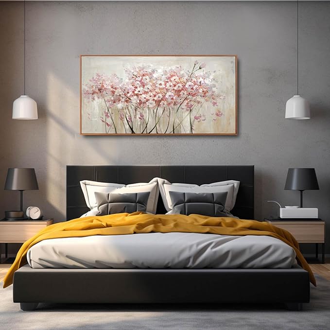 Flower Wall Art Framed Beige Canvas Paintings Colorful Wall Decor 24"x48" Art Posters Pictures for Dining Room Office Hotel