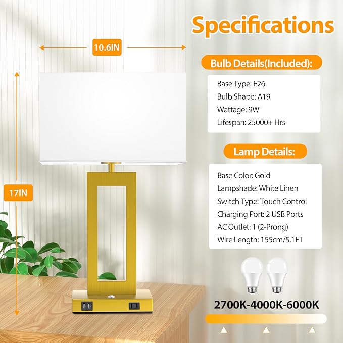 3 Color Temperatures Touch Control Table Lamps Set of 2, Stepless Dimmable Bedside Lamps with 2 USB Ports&AC Outlet, Modern Nightstand Lamps for Bedroom Living Room, Bulbs Included, Gold&White
