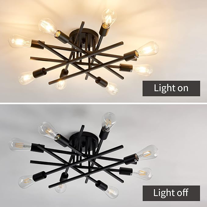 ASGYISA 8-Lights Semi Flush Mount Ceiling Light Fixture,Modern Black Vintage Metal Sputnik Chandelier, Ceiling Lamp for Bedroom Kitchen Dining Room Living Room with E26 Bulb Base