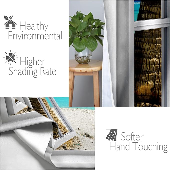 Jekeno Ocean Beach Palm Trees Blackout Curtains Summer Tropical Island Decor Seaside White Wooden Window View Print Grommet Window Drapes for Bedroom Living Room 2 Panel Set, 52"x84"