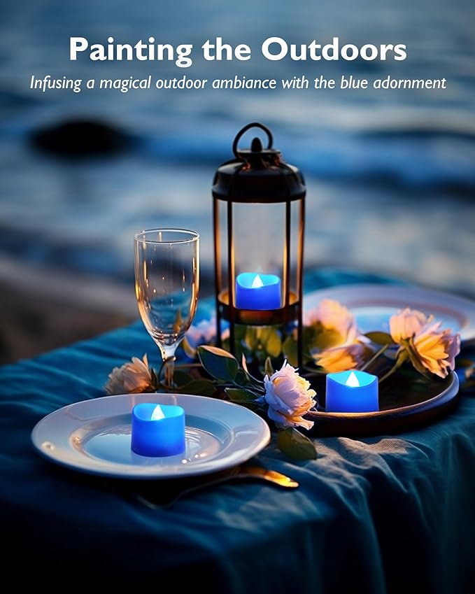 Homemory Blue Tea Lights Candles Battery Operated, 200+Hour Flameless Flickering Fake Electric LED Colored Tealights Candles for Wedding Table Decor, Theme Party, Aniversary, Proposal, 24-Pack
