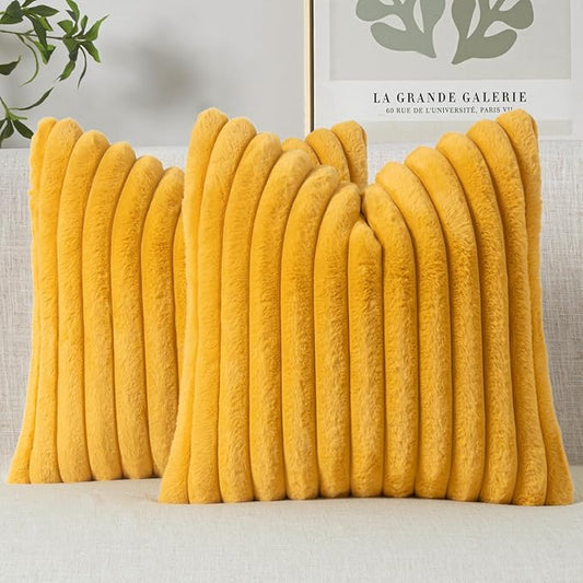 MIULEE Faux Fur Decorative Throw Pillow Covers 18x18 Inch Set of 2, Retro Vintage Boho Home Decor Soft Plush Couch Pillows Cozy Fluffy Cushion Covers for Sofa Bed Mustard Yellow