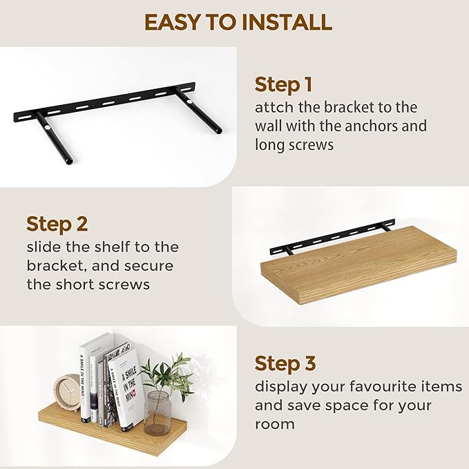 Fun Memories 24 Inch Floating Shelves for Wall, 9.3 Deep Wall Shelves for Home Decor & Storage, 24x9.3x1.5 Large Wooden Shelf with Heavy-Duty Bracket, Deep Shelf for Kitchen, Living Room, Oak Color