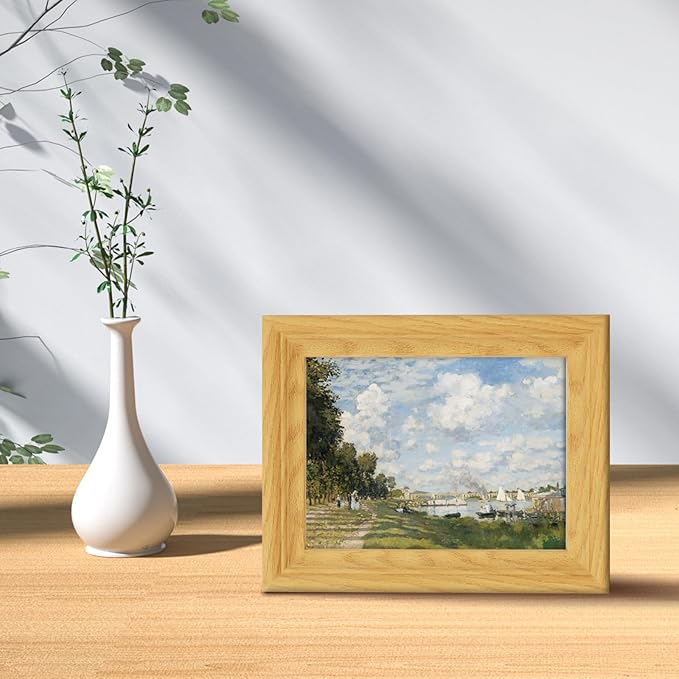 Brivoria Framed Canvas Wall Art Vintage Decor, Impressionist Riverside Landscape with Autumn Sky Sailboats and Tree-Lined Path for Desk Shelf Living Room Bedroom or Office Rustic Fall Display, 8"x10"