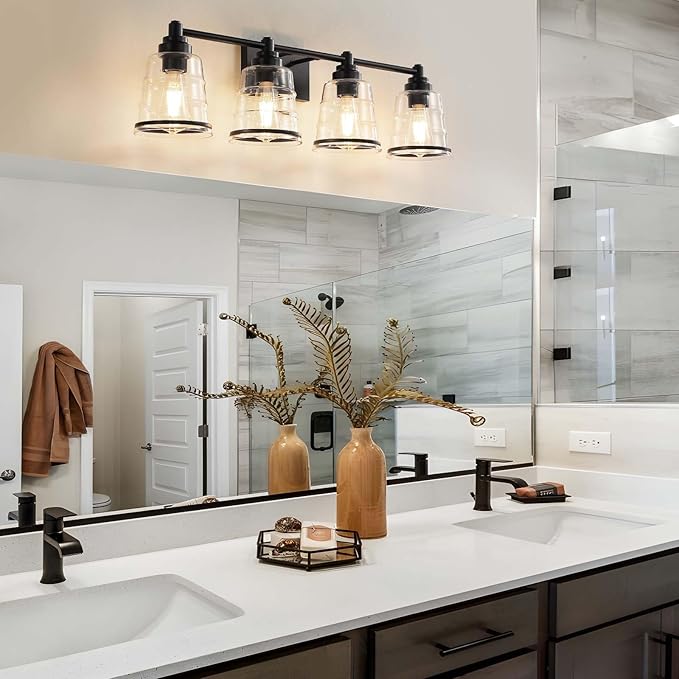 Black Bathroom Vanity Light Fixture, 4 Light Bathroom Light Fixtures Over Mirror with Clear Glass Shade and Metal Base Wall Sconce, 29.1 inch Modern Vanity Light for Bathroom(Exclude E26 Bulb)
