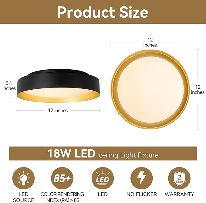 12 Inch LED Flush Mount Ceiling Light, 18W Flush Mount Light Fixture in Balck and Gold Finish, Dimmable Ceiling Light for Bedroom, Hallway, Entryway, Bathroom, Kitchen 3000K Warm White