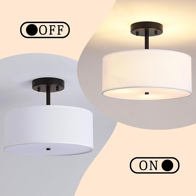 3-Light Semi Flush Mount Ceiling Light Modern Black Drum Light Fixtures with White Fabric Cover Shade Round Chandelier for Bedroom Living Room Kitchen and Hallway