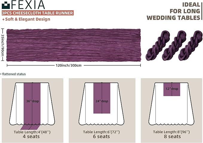 FEXIA 3 Pack Purple Table Runner 35x120 Inches for Baby Shower Decoration Gauze Rustic Table Runner for Wedding Party First Communion Centerpiece Engagement Bridal Shower Boho Decoration