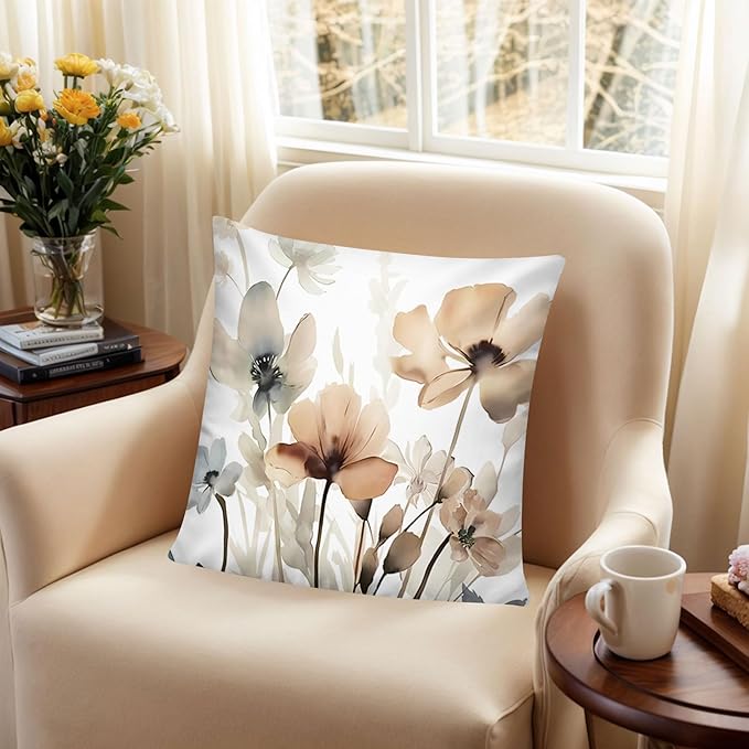 COMMINY Brown Grey Floral Pillow Cover 18x18 Set of 6 Watercolor Throw Pillow Covers Square Cushion Covers for Couch Sofa Living Room Home Decor