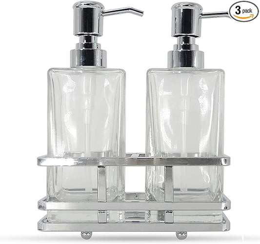 Square Glass Clear Lotion and Soap Pump Dispenser Set with Metal Stand Caddy for Bathroom Bath Kitchen Home Office Travel Hotel Hand Crafted Heavy Weight Chrome