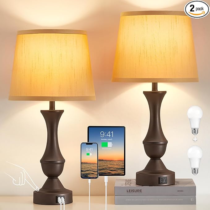 Luvkczc 22" Table Lamp Set of 2 - Farmhouse Vintage Brown Bedside Lamp with Brown Fabric Shade, 3-Way Dimmable, USB C+A Ports, Nightstand Lamp for Living Room Bedroom (Bulb Included)