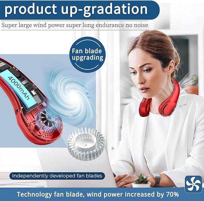 Portable Neck Fan, Bladeless Neck Fan, USB Rechargeable Personal Fan, 4000 mAh Battery Operated Fan, 3 Speeds Adjustable,Faster Cooling, Ultra Quiet, Suitable for Home, Office, Sports
