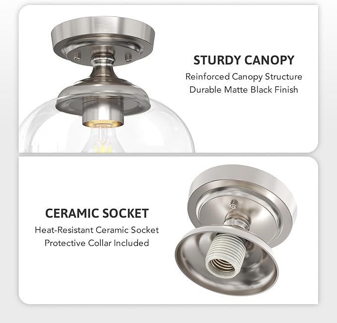 VONLUCE Industrial Semi Flush Mount Ceiling Light, 8.3" Ceiling Light Fixture with Clear Glass Shade, Farmhouse Lighting for Hallway Kitchen Bedroom Entryway, Brushed Nickel Flush Mount Light Fixture