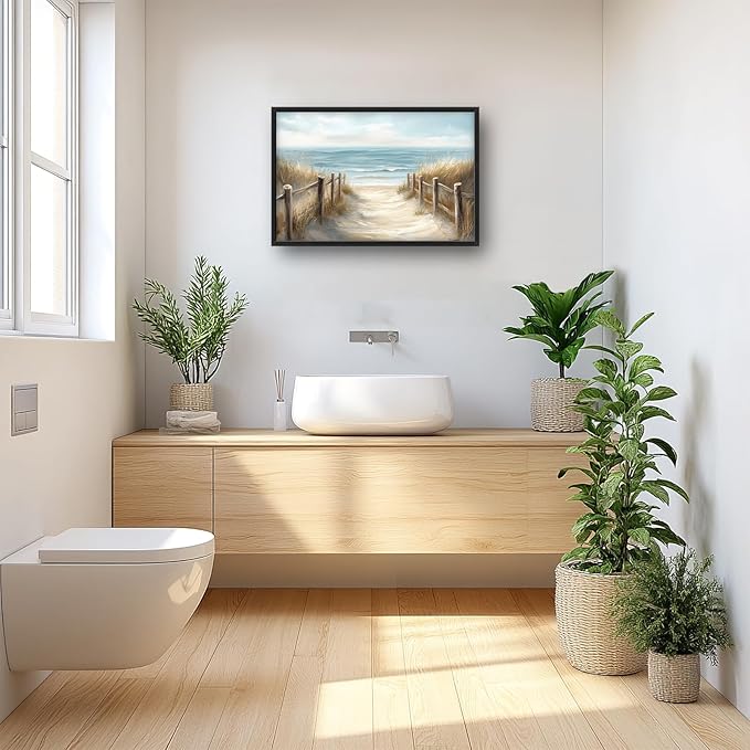 Olivine Beach Large Wall Art, Coastal Seascape Pictures Wall Decor, Nautical Paintings, Sea Canvas Prints, Framed Artwork for Dining Room Bedroom Living Room Office Bathroom Home Decoration 36"x24"