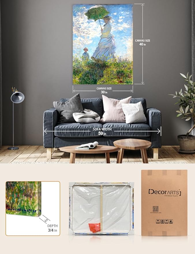 DECORARTS - The Walk, Woman with a Parasol (1875) by Claude Monet, Museum-Quality Giclee Canvas Print, Wall Art Reproduction, 30" W x 40" H, Made in USA