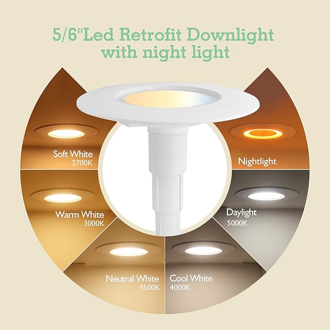 Soliseed 5/6 Inch LED Recessed Lighting with Night Light,5CCT Selectable 2700K-5000K Retrofit Downlight,12W=60W,800LM,Dimmable LED Replacement Can Lights,Easy Install,E26,6 Pack