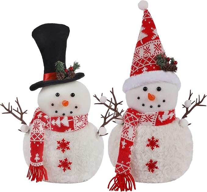 Set of 2 Christmas Plush Snowman Doll Tabletop Decorations, Christmas Snowman Ornaments for Home Kitchen Xmas Holiday Party Decor
