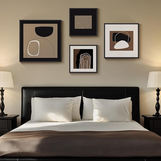 Framed Neutral Abstract Wall Art for Living Room, 4 Piece Modern Black Brown Geometric Canvas Paintings Artwork for Walls-Minimalist Pictures for Hallway Dining Room Bedroom Office Wall Decor
