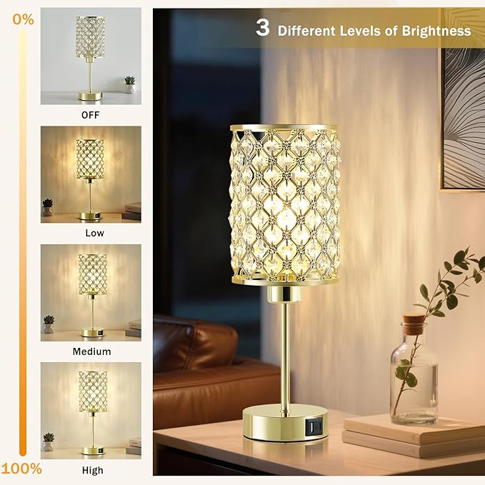 Crystal Table Lamps Set of 2, Gold Touch Lamp for Nightstand with USB C+A Ports, 3 Way Dimmable Small Bedside Lamp with Crystal Shade, End Table Desk Lamps for Bedroom, Living Room(Buld Included)
