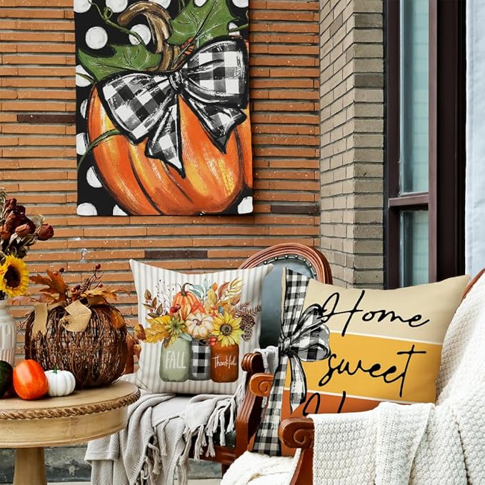 GEEORY Fall Throw Pillow Covers 16x16 Inch Set of 4, Pumpkins Mason Jars Sweet Home Striped Autumn Thanksgiving Seasonal Decorative Farmhouse Decoration (Orange) G636-16