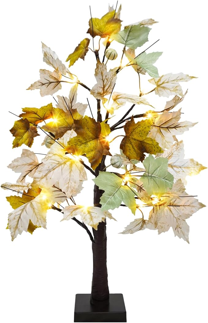 Uieke 24inch Artificial Lighted Fall Maple Tree 24 LED Fall Decor Tabletop Maple Tree with 3 White Pumpkins Battery Operated Timer, Fall Decorations or Home Thanksgiving Autumn Harvest (Green White)