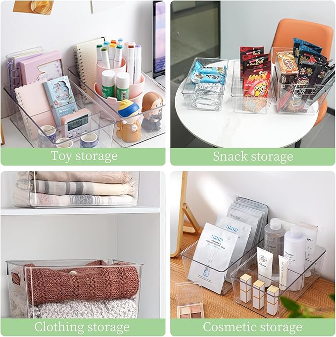 6 Pack Clear Plastic Storage Bins Snack Organizers with Lids Handle for Home Organization Kitchen Cabinet Fridge Laundry Room Office Closet Garage Freezer