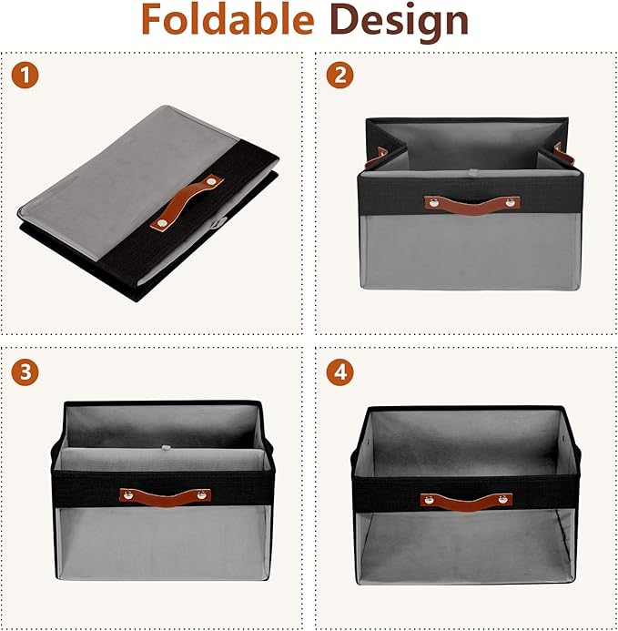 Large Storage Baskets with Clear Window, See Through Closet Organizer with PU Handles, Linen Foldable Storage Bins for Organizing Clothes, Toys, Books (Black)