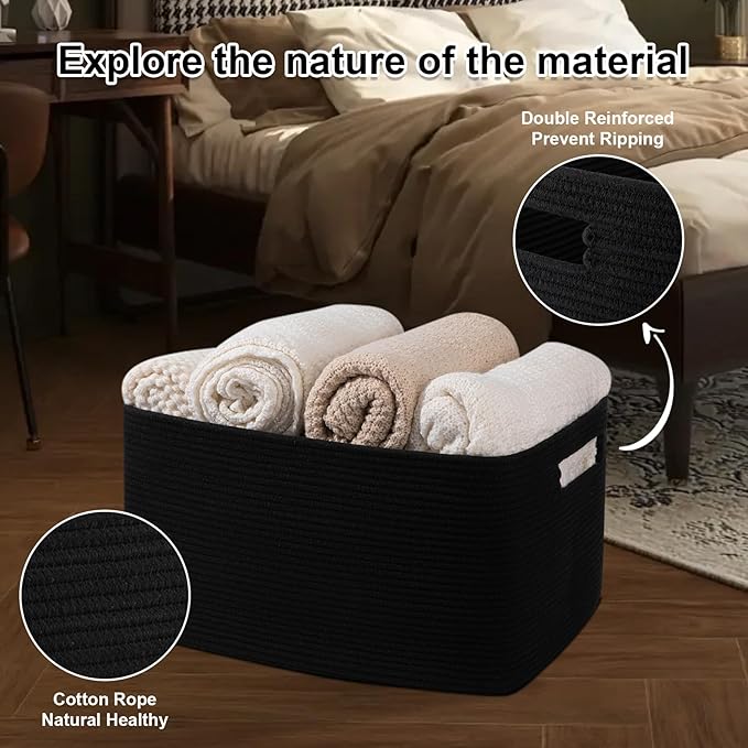 OIAHOMY 75L Large Blanket Basket, Storage Baskets with Handle, Rectangle Woven Cotton Rope Basket, Toy Organizer Bins, 22" x 17"x 12" in,Charcoal Black