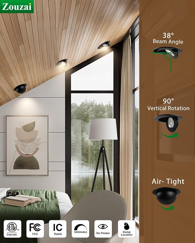 zouzai 6 Pack 4 inch Black 5CCT LED Gimbal Led Recessed Light with Junction Box, 360ยฐ+90ยฐ Adjustable Directional Eyeball Lighting, Dimmable, 2700K/3000K/3500K/4000K/5000K,10W=85W-ETL&Energy Star