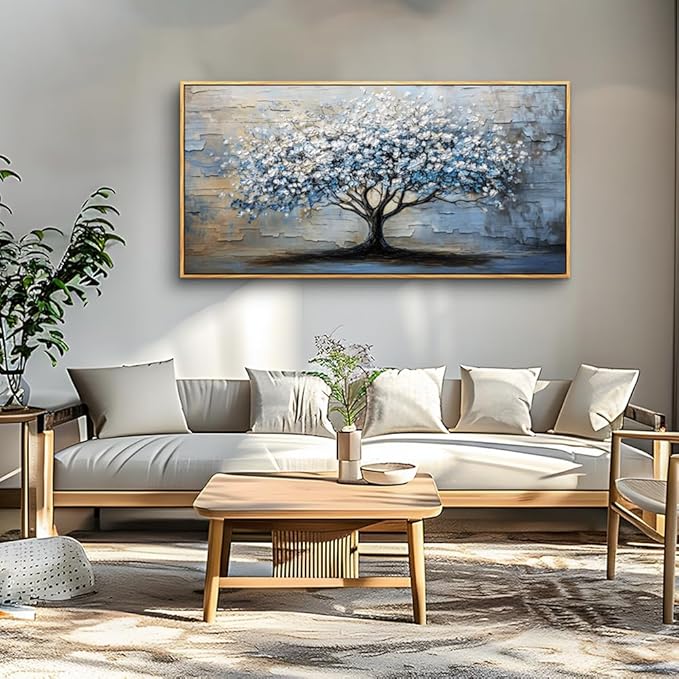 ERQINHUA Wood Framed Abstract Wall Art Office Large Wall Decor Art For Living Room Wall Pictures Blue Grey TreePainting Framed Canvas Artwork Bedroom Dining room Home Decoration Aesthetics 24"X48"