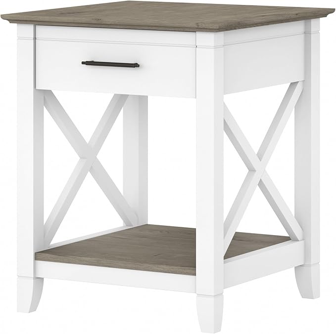 Bush Furniture Key West Small End Table with Storage | Modern Farmhouse Accent Shelf for Living Room in Pure White and Shiplap Gray