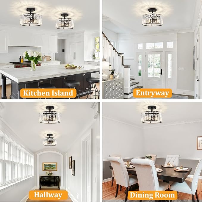 TOULMJ Crystal Ceiling Light, 3-Light Semi Flush Mount Ceiling Lighting Fixture, Black Round Hallway Light Fixtures for Kitchen Entryway Bedroom Laundry Room