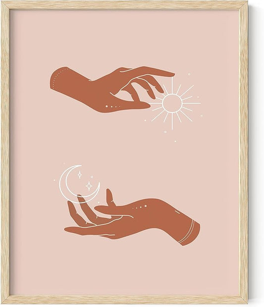 HAUS AND HUES Sun and Moon Astrology Posters - Spiritual Wall Art and Celestial Hands Top and Bottom Astrology Room Decor Posters Spiritual Boho Prints Wall Art and Prints (Beige Frame, 16x20)
