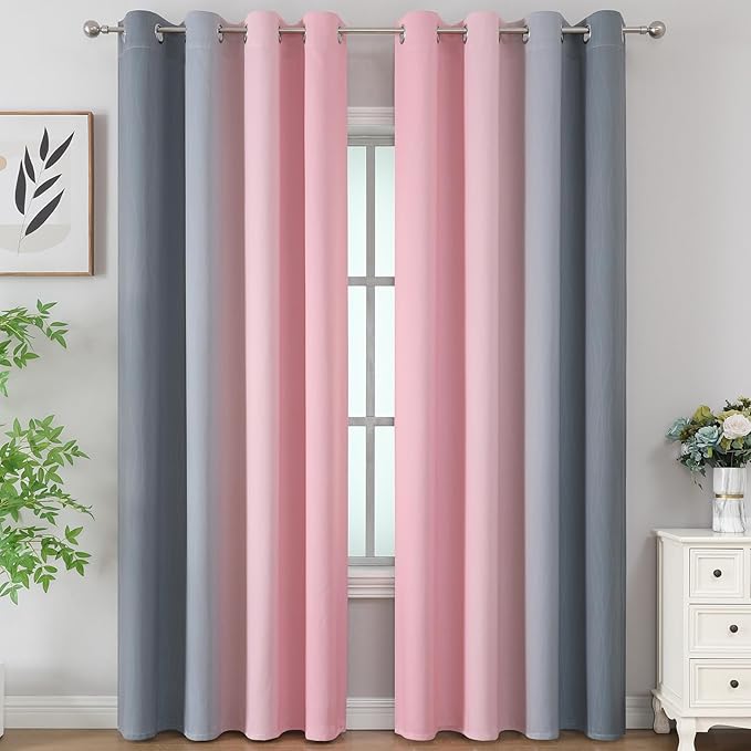 Estelar Textiler Pink and Grey Ombre Blackout Curtains 90 Inches Long 2 Panels Set,Thermal Insulated Drapes for Bedroom, Full Light Blocking Energy Saving Grommet Curtains for Living Room,52Wx90L