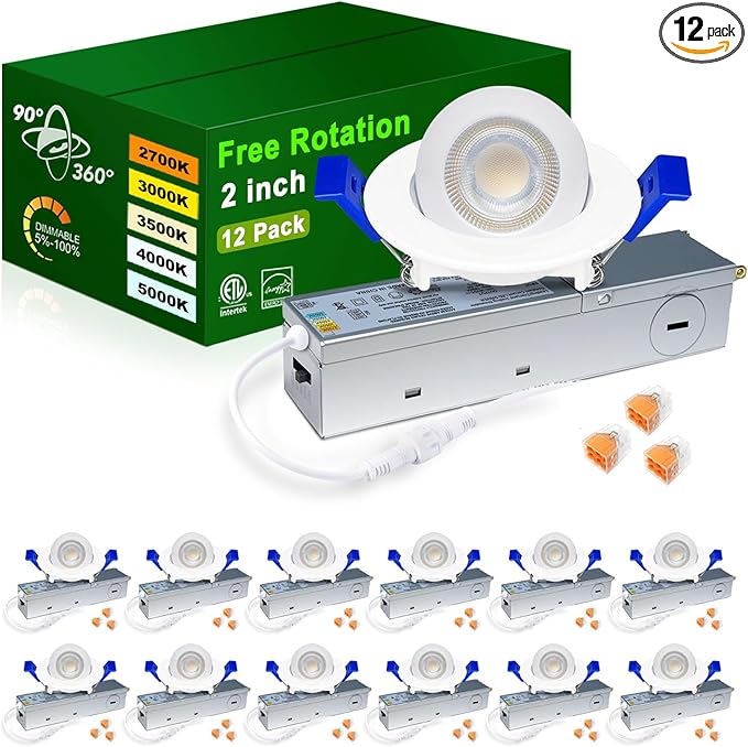 zouzai 5CCT LED Gimbal Led Recessed Light with Junction Box, 360ยฐ+90ยฐ Adjustable Directional Eyeball Lighting, Dimmable, 2700K/3000K/3500K/4000K/5000K,ETL&Energy Star (White 12 Pack, 2 inch)
