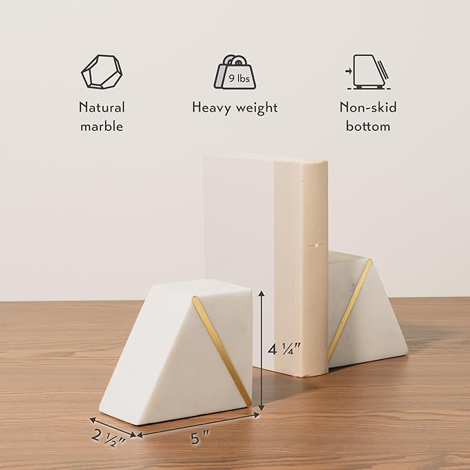 Cork & Mill Marble Book Ends for Shelves, Decorative Bookends for Heavy Books, Unique Mid Century Modern White and Gold Bookends with Brass Inlay, Heavy Duty Bookshelf Stopper, Set of 2