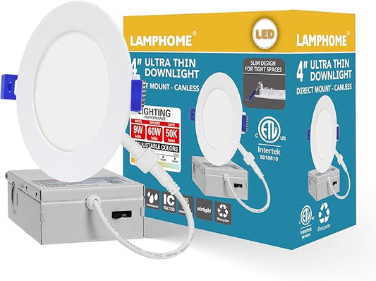 1-Pack of 4-Inch Slim LED Recessed Lights with Junction Box, Adjustable Color Temperatures (2700K-5000K), 9W Equivalent to 75W, Dimmable, 950LM Brightness - ETL and Energy Star Certified